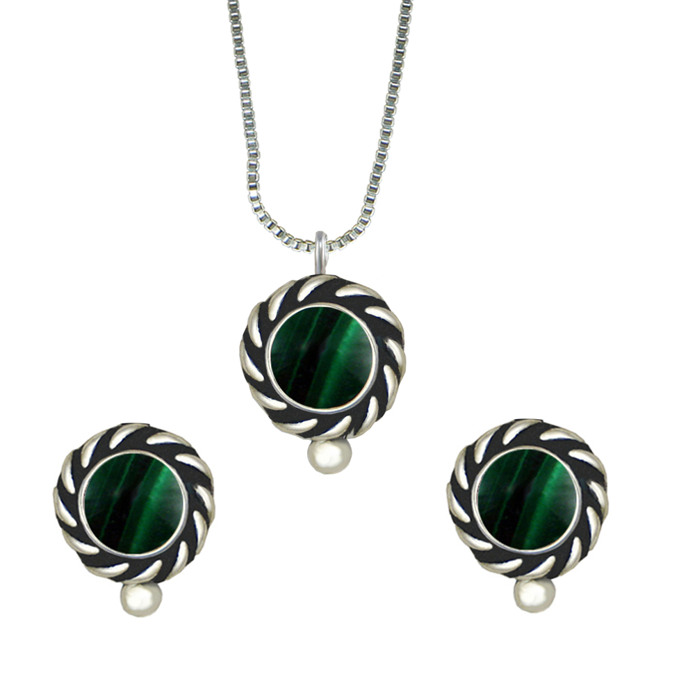 Sterling Silver Petite Necklace Earrings Set Malachite